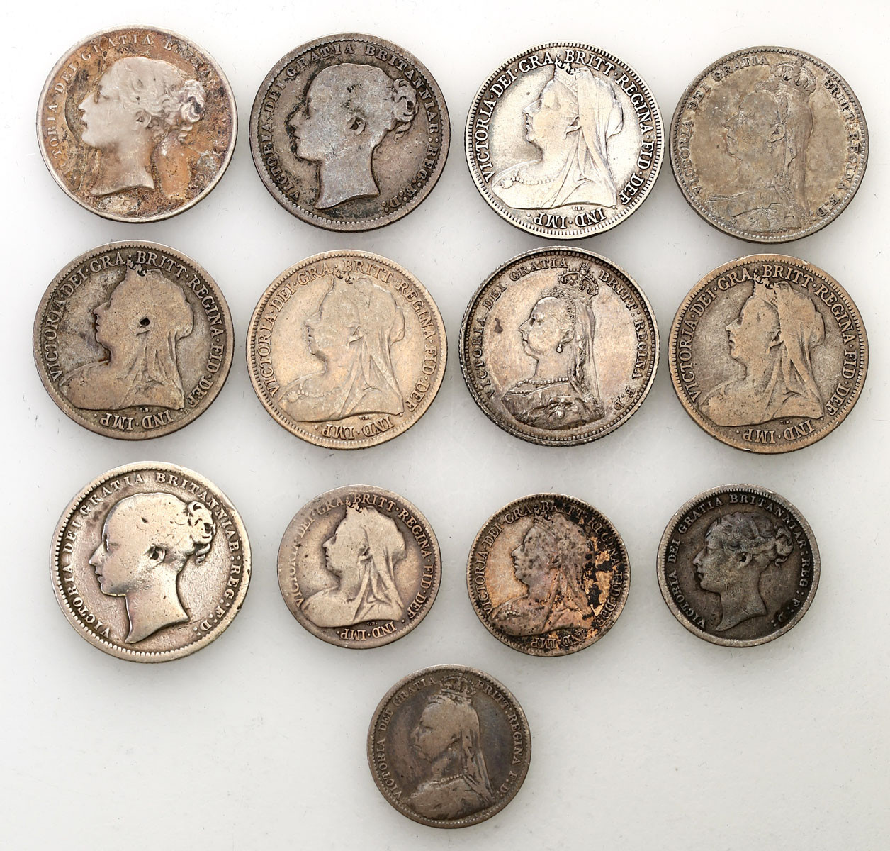 Wielka Brytania. Wiktoria (1837-1901). 6 pence, shilling 1844-1901, zestaw 13 monet